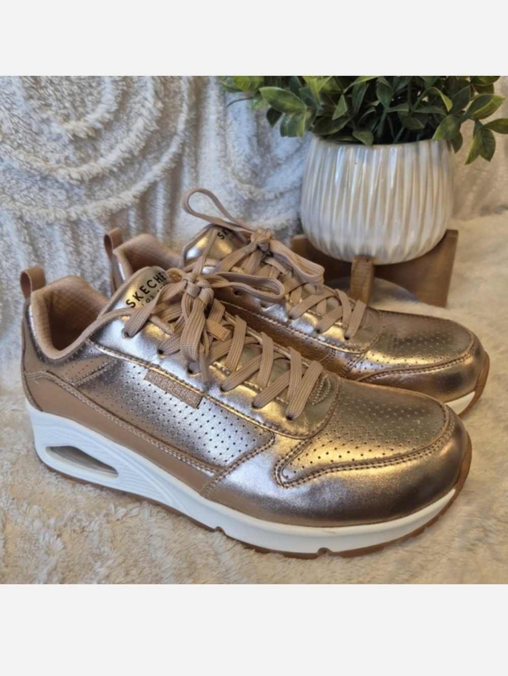 NEW Skechers Uno Metallixs Rose Gold Sneakers Lace Up Memory Foam Women's Sz 10 - Picture 2 of 14